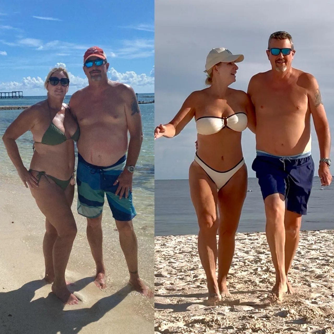 A couple enjoys a day at the beach, posing together in swimwear against a sunny shoreline backdrop-Before_after